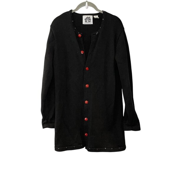 Storybook Knits Fabulous Long Button Embellished Cardigan Sweater Solid‎ Black M - Picture 1 of 4